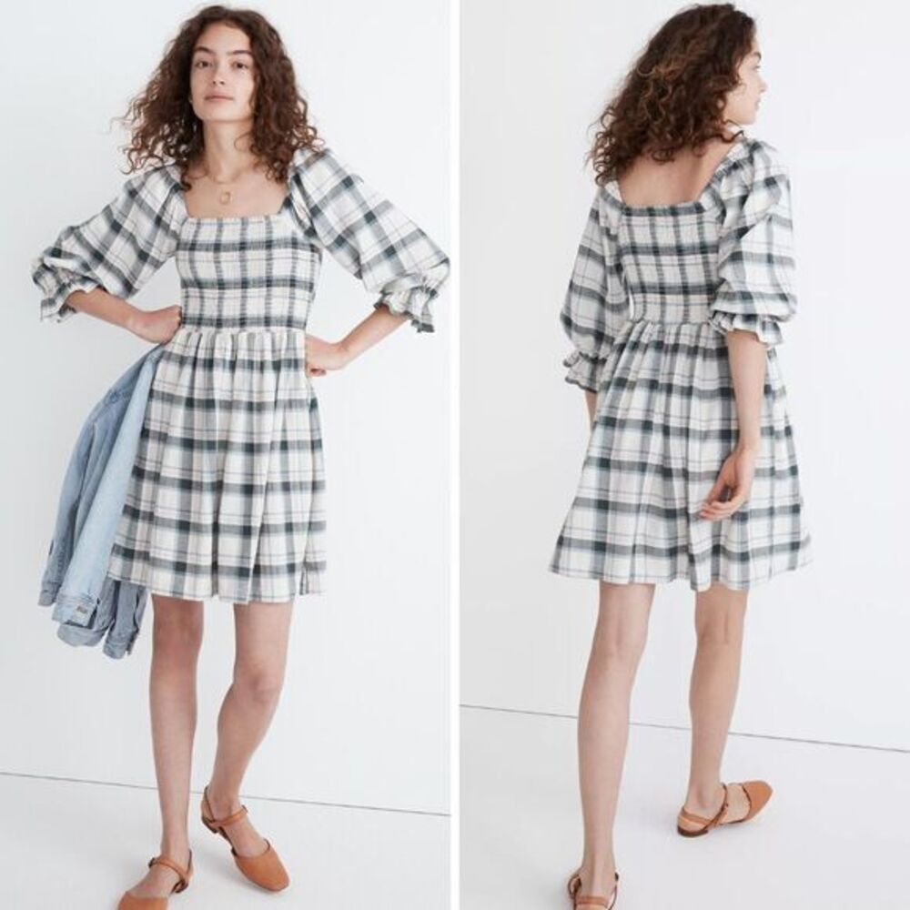 NEW Madewell Lucie Elbow-Sleeve Smocked Mini Dress in Lebaum Plaid, XS‎